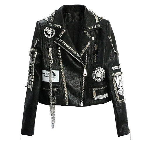 Load image into Gallery viewer, Punk Rock Chained Studded Leather Jacket-women-wanahavit-black-M-wanahavit
