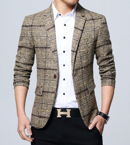 Plaid Stylish Formal Business Blazer-men-wanahavit-Khaki-M-wanahavit