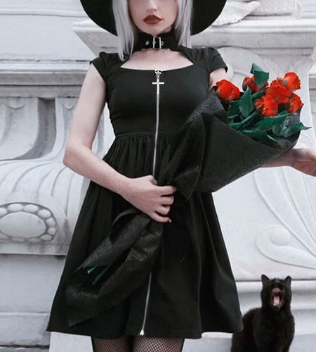 Front Zipper Turtleneck Pleated Dress-women-wanahavit-black-L-wanahavit