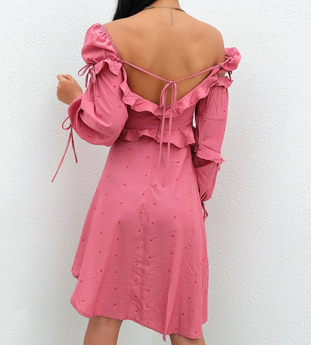 Vintage Polka Dot Square Collar Ruffles Long Sleeve Dress-women-wanahavit-pink-L-wanahavit