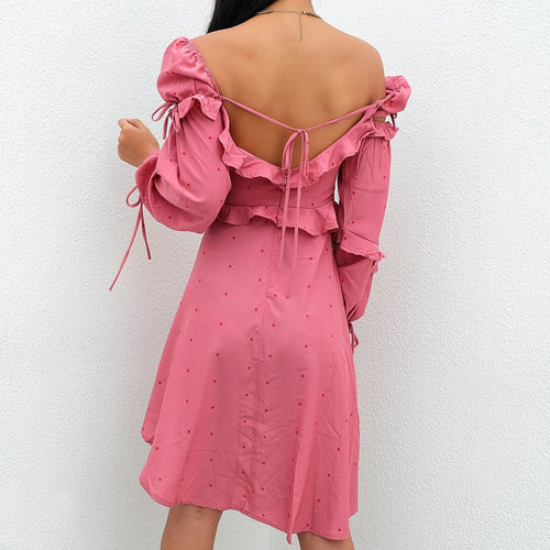 Load image into Gallery viewer, Vintage Polka Dot Square Collar Ruffles Long Sleeve Dress-women-wanahavit-pink-L-wanahavit
