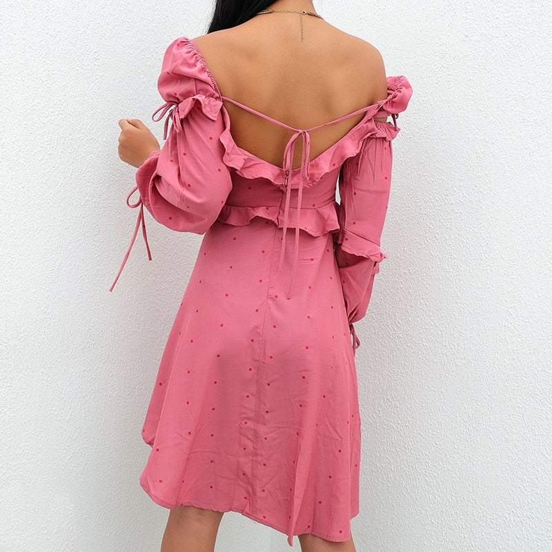 Vintage Polka Dot Square Collar Ruffles Long Sleeve Dress-women-wanahavit-pink-L-wanahavit