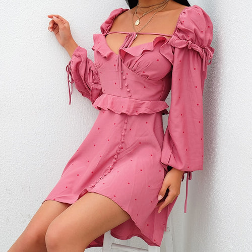 Load image into Gallery viewer, Vintage Polka Dot Square Collar Ruffles Long Sleeve Dress-women-wanahavit-pink-L-wanahavit
