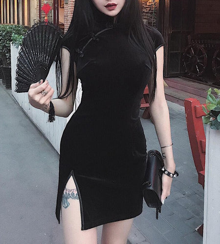 Gothic Chinese Style Skinny Mini Slitted Dress-women-wanahavit-black-L-wanahavit