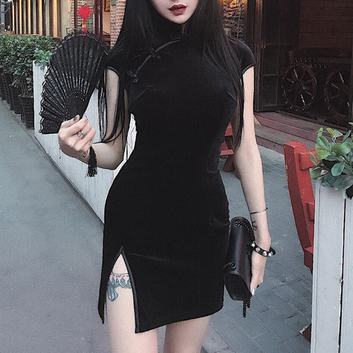 Load image into Gallery viewer, Gothic Chinese Style Skinny Mini Slitted Dress-women-wanahavit-black-L-wanahavit
