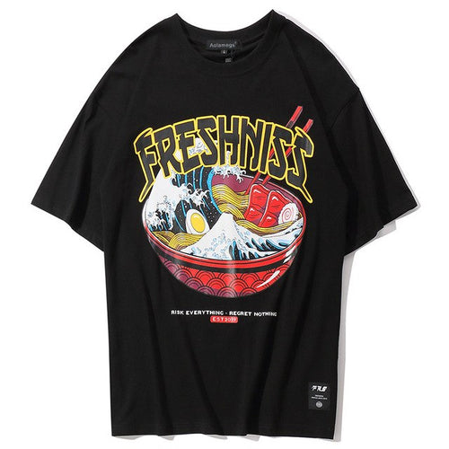 Load image into Gallery viewer, Freshness Ramen Printed Hip Hop Streetwear Loose Tees-unisex-wanahavit-Black-Asian M-wanahavit
