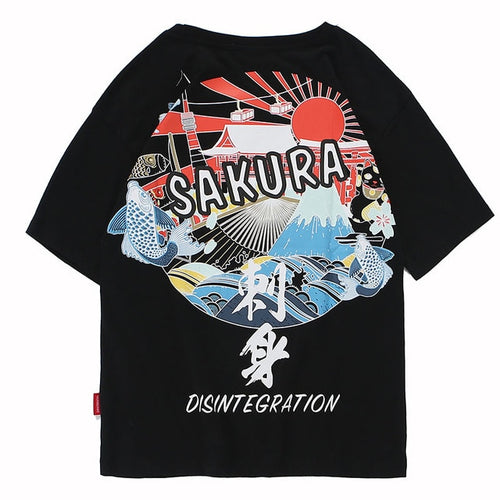 Load image into Gallery viewer, Japan Sakura and Fuji Printed Hip Hop Streetwear Loose Tees-unisex-wanahavit-black-Asian M-wanahavit
