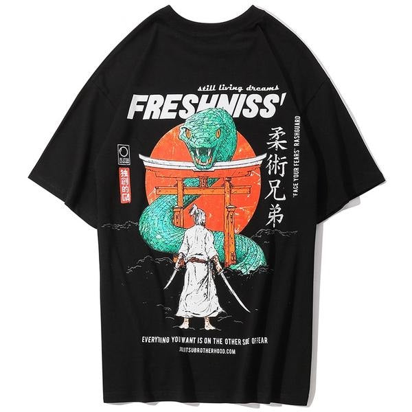 Snake Samurai Shrine Printed Hip Hop Streetwear Loose Tees-unisex-wanahavit-Black-Asian M-wanahavit