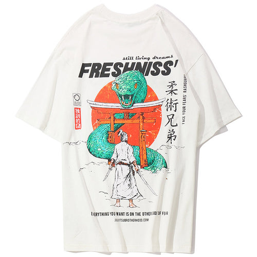 Load image into Gallery viewer, Snake Samurai Shrine Printed Hip Hop Streetwear Loose Tees-unisex-wanahavit-White-Asian M-wanahavit

