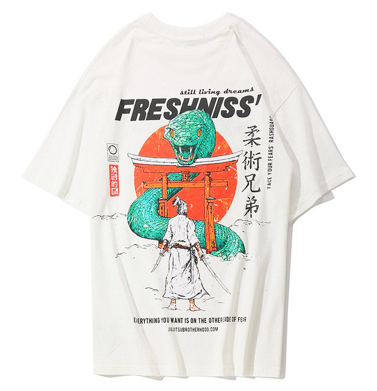 Snake Samurai Shrine Printed Hip Hop Streetwear Loose Tees-unisex-wanahavit-White-Asian M-wanahavit