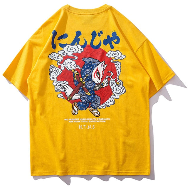 Ninja Cat Printed Hip Hop Streetwear Loose Tees-unisex-wanahavit-Yellow-Asian M-wanahavit