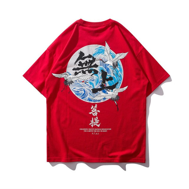 Crane & Big Waves Printed Hip Hop Streetwear Loose Tees-unisex-wanahavit-Red new-Asian M-wanahavit