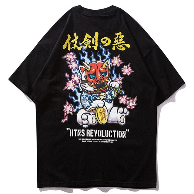 Samurai Cat Printed Hip Hop Streetwear Loose Tees-unisex-wanahavit-Black-Asian M-wanahavit
