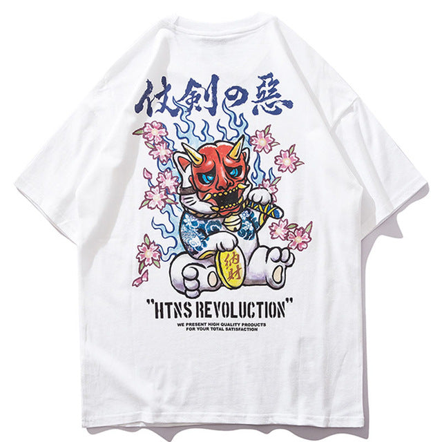 Samurai Cat Printed Hip Hop Streetwear Loose Tees-unisex-wanahavit-White-Asian M-wanahavit