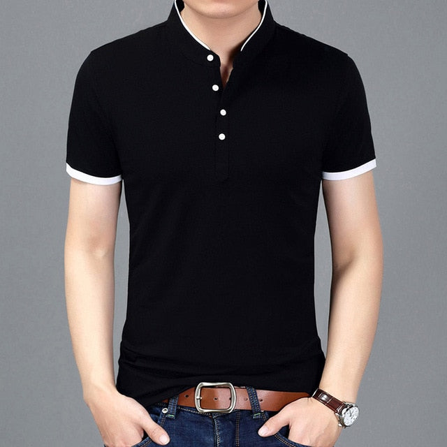 Solid Color Fit Mandarin Short Sleeve Polo Shirt-men-wanahavit-Black-Asian size M-wanahavit