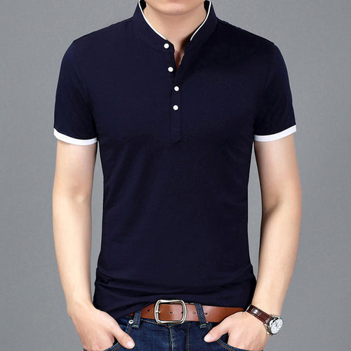 Load image into Gallery viewer, Solid Color Fit Mandarin Short Sleeve Polo Shirt-men-wanahavit-Navy-Asian size M-wanahavit
