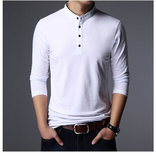 Load image into Gallery viewer, Mandarin Collar Slim Fit Long Sleeve Polo Shirt-men-wanahavit-White-M-wanahavit
