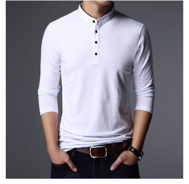 Mandarin Collar Slim Fit Long Sleeve Polo Shirt-men-wanahavit-White-M-wanahavit