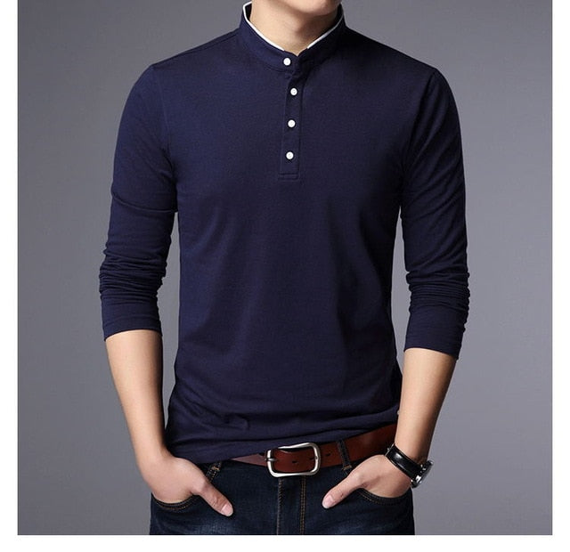 Mandarin Collar Slim Fit Long Sleeve Polo Shirt-men-wanahavit-Navy Blue-M-wanahavit