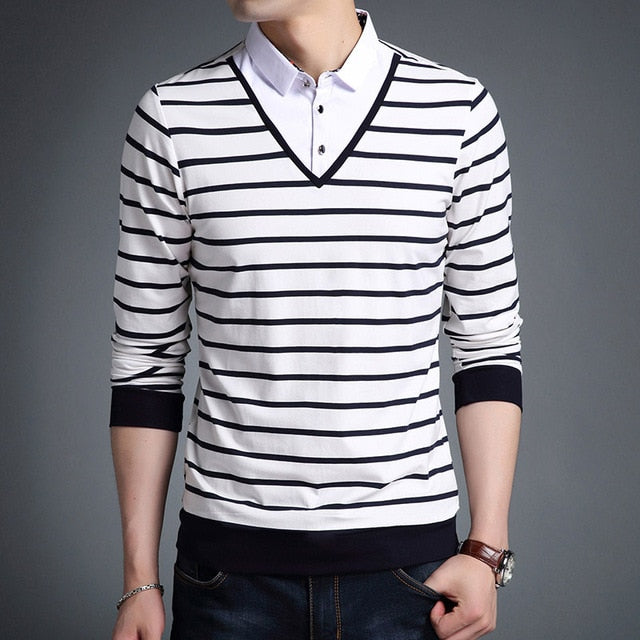 Korean Trending Striped Long Sleeve Polo Shirt-men-wanahavit-White-M-wanahavit