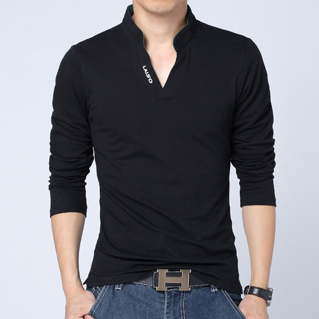 Solid Color V Neck Collar Long Sleeve Polo Shirt-men-wanahavit-Black-Asian Size M-wanahavit