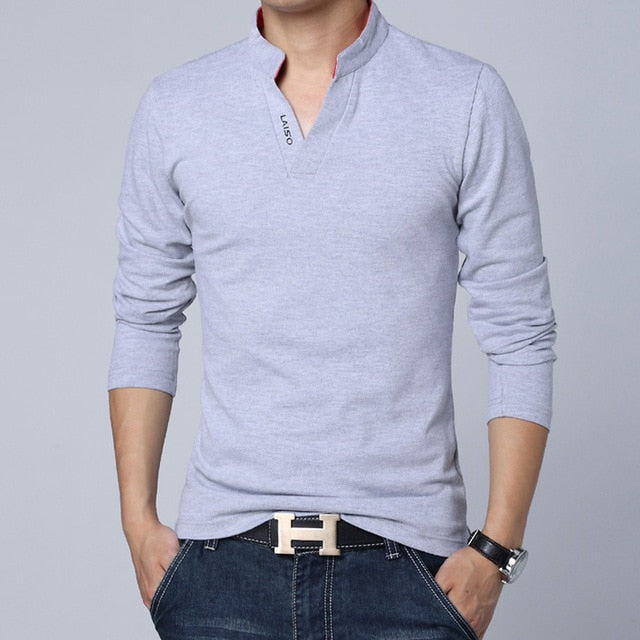 Solid Color V Neck Collar Long Sleeve Polo Shirt-men-wanahavit-Gray-Asian Size M-wanahavit