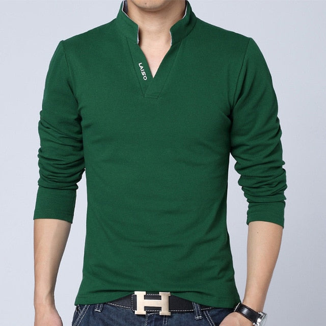 Solid Color V Neck Collar Long Sleeve Polo Shirt-men-wanahavit-Green-Asian Size M-wanahavit