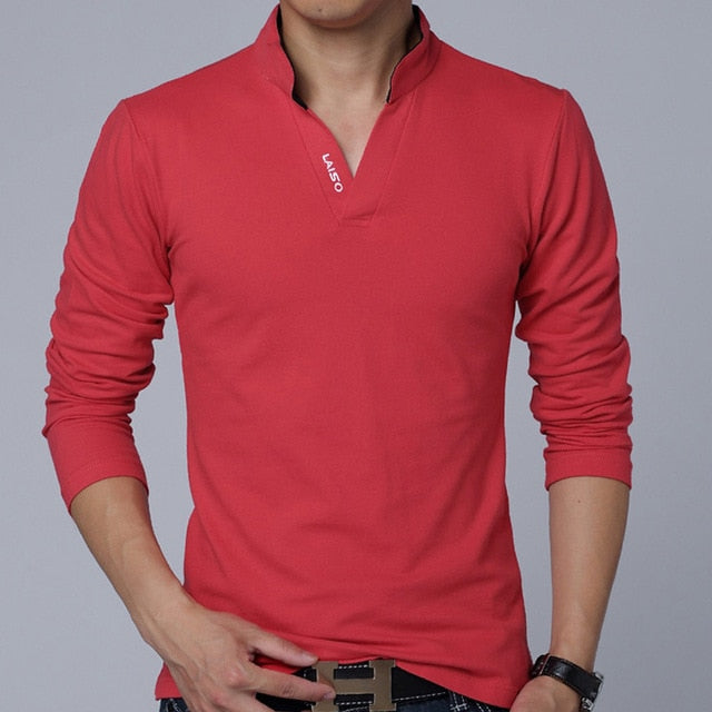 Solid Color V Neck Collar Long Sleeve Polo Shirt-men-wanahavit-Red-Asian Size M-wanahavit