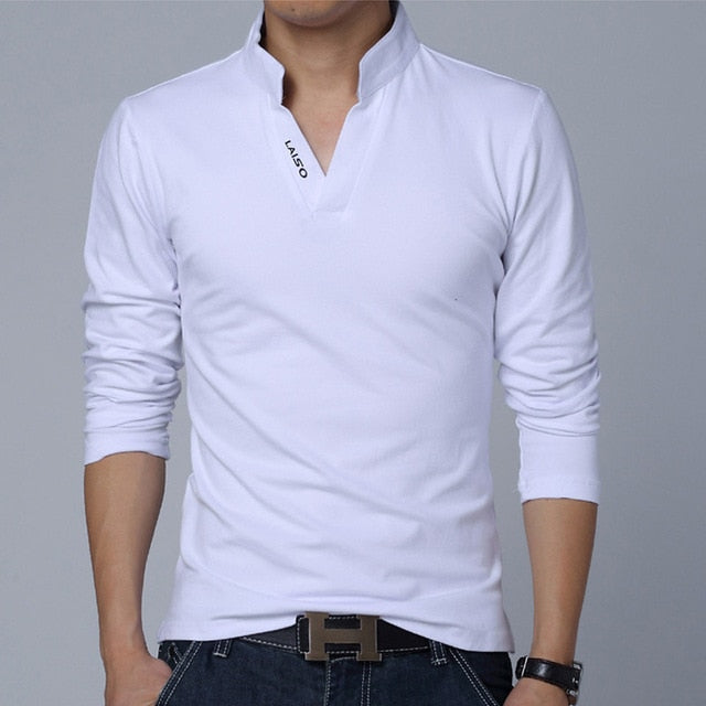 Solid Color V Neck Collar Long Sleeve Polo Shirt-men-wanahavit-White-Asian Size M-wanahavit