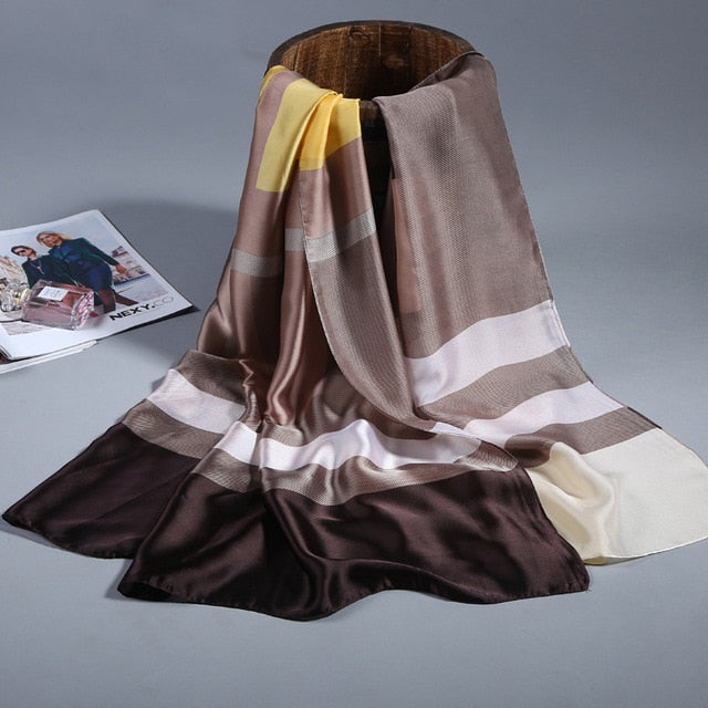 Fashion Silk Long Scarf Printed Bandana Shawl #FS-48-women-wanahavit-fs48 beige coffee-wanahavit
