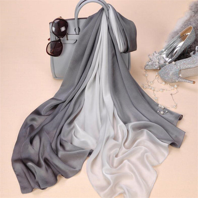 Fashion Silk Scarf Smooth Bandana Shawl #CS-1-women-wanahavit-white gray-wanahavit