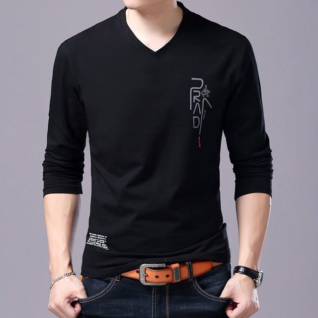 Korean V Neck Printed Long Sleeve Shirt-men-wanahavit-Black-M-wanahavit