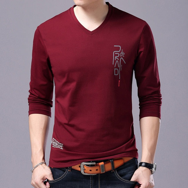Korean V Neck Printed Long Sleeve Shirt-men-wanahavit-Red-M-wanahavit