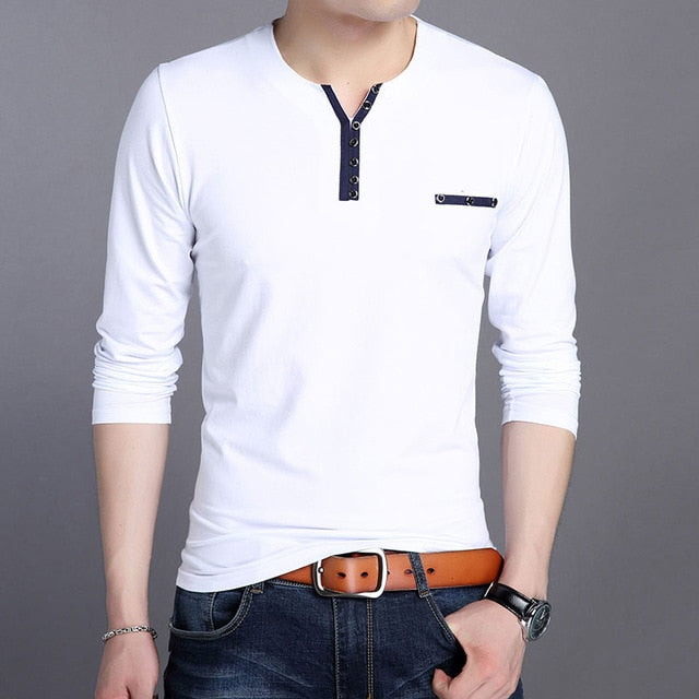 V Neck Solid Color Buttoned Long Sleeve Shirt-men-wanahavit-White-M-wanahavit