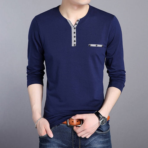 Load image into Gallery viewer, V Neck Solid Color Buttoned Long Sleeve Shirt-men-wanahavit-Navy Blue-M-wanahavit

