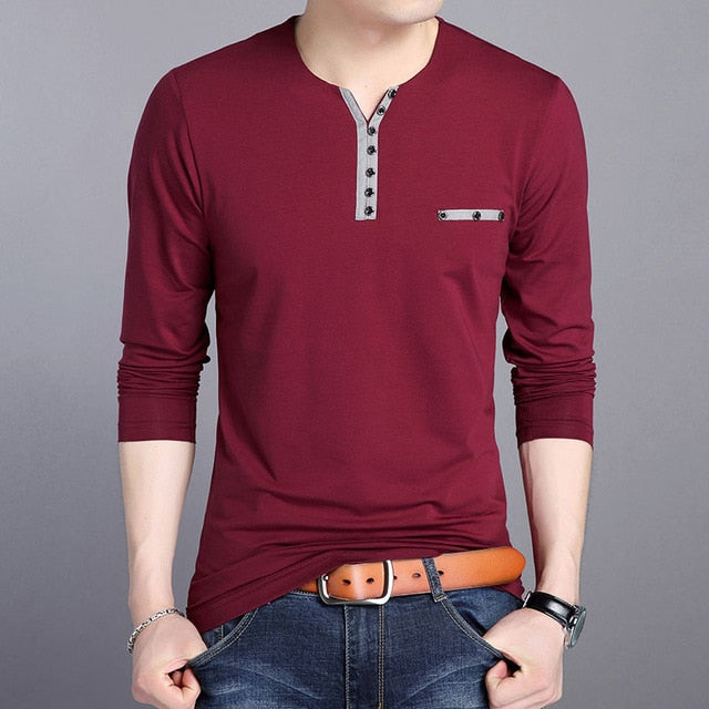 V Neck Solid Color Buttoned Long Sleeve Shirt-men-wanahavit-Burgundy-M-wanahavit