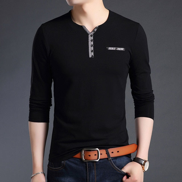 Buttoned Collar V Neck Street Wear Long Sleeve Shirt-men-wanahavit-Black-M-wanahavit