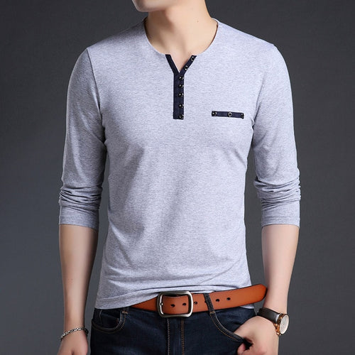 Load image into Gallery viewer, Buttoned Collar V Neck Street Wear Long Sleeve Shirt-men-wanahavit-Gray-M-wanahavit
