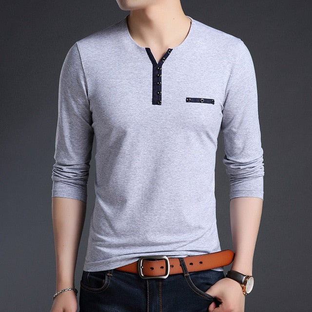 Buttoned Collar V Neck Street Wear Long Sleeve Shirt-men-wanahavit-Gray-M-wanahavit