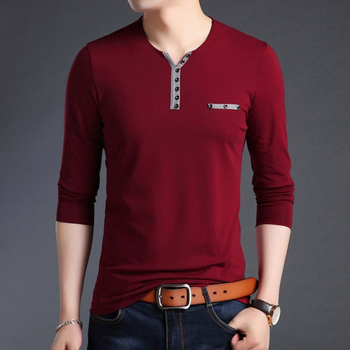 Load image into Gallery viewer, Buttoned Collar V Neck Street Wear Long Sleeve Shirt-men-wanahavit-Red-M-wanahavit

