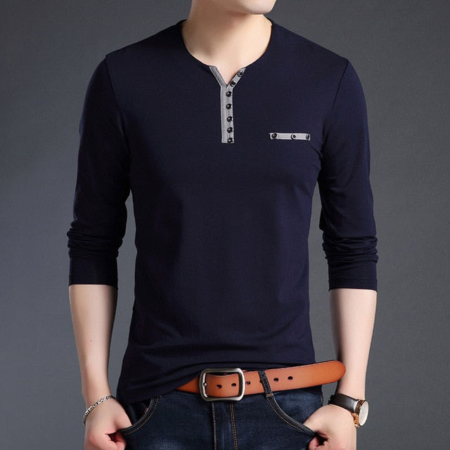 Buttoned Collar V Neck Street Wear Long Sleeve Shirt-men-wanahavit-Navy Blue-M-wanahavit