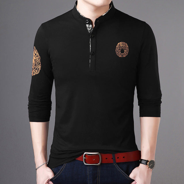 Mandarin Collar Buttoned Long Sleeve Polo Shirt-men-wanahavit-Black-M-wanahavit