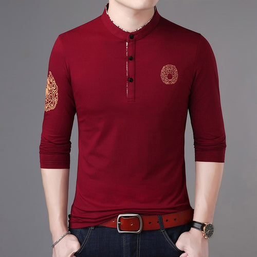 Load image into Gallery viewer, Mandarin Collar Buttoned Long Sleeve Polo Shirt-men-wanahavit-Red-M-wanahavit
