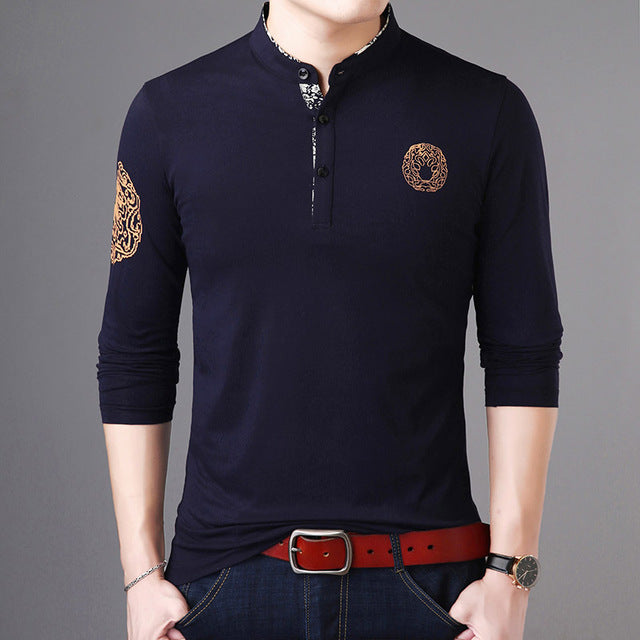 Mandarin Collar Buttoned Long Sleeve Polo Shirt-men-wanahavit-Navy Blue-M-wanahavit