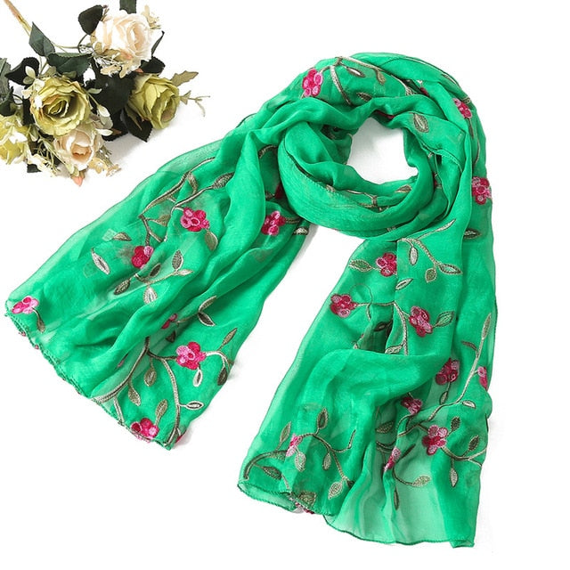 Fashion Silk Scarf Floral Printed Bandana Shawl #FS-22-women-wanahavit-green-wanahavit