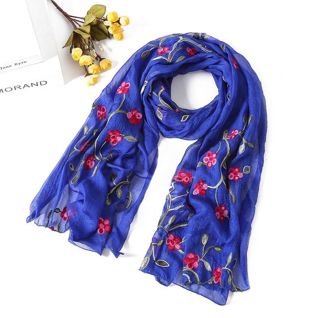 Fashion Silk Scarf Floral Printed Bandana Shawl #FS-22-women-wanahavit-blue-wanahavit