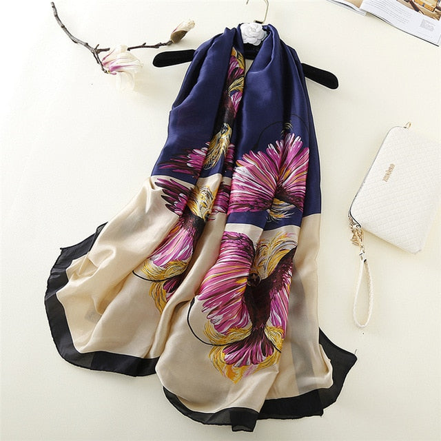 Fashion Silk Scarf Printed Bandana Shawl #5056-women-wanahavit-FS32 navy khaki-wanahavit