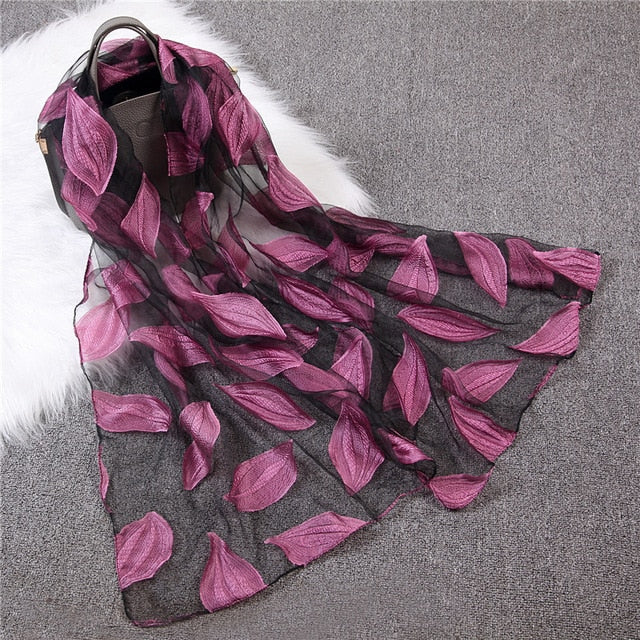 Fashion Silk Scarf Leaf Printed Bandana Shawl #JS-1-women-wanahavit-pink-wanahavit