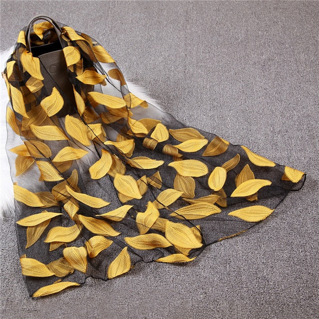 Fashion Silk Scarf Leaf Printed Bandana Shawl #JS-1-women-wanahavit-yellow-wanahavit