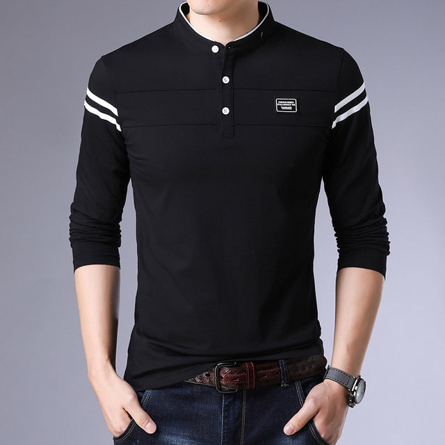 Korean Striped Slim Fit Long Sleeve Polo Shirt-men-wanahavit-Black-M-wanahavit